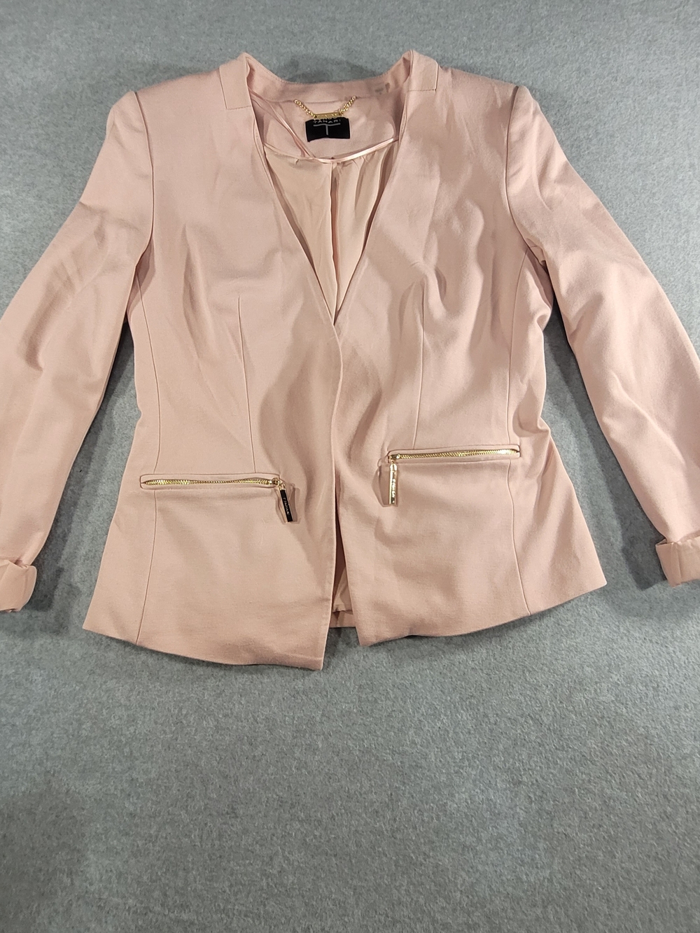 T Tahari Light Pink Open-Front Blazer with Gold Zippers